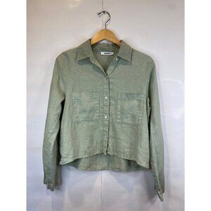 Self Contrast Light Green Linen Shirt Button Front Pockets Long Sleeve Medium